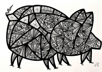 Small pig in big pi.. by Klaus Brage | tegning