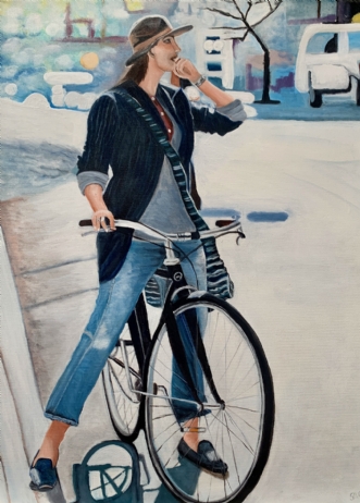 Pigen med cyklen II.. by Sanne Rasmussen | maleri