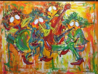 Trommer, trompet, k.. by Lotte Seide | maleri