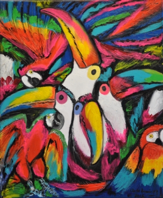Toucans and parrots by Eliana Ramirez | maleri